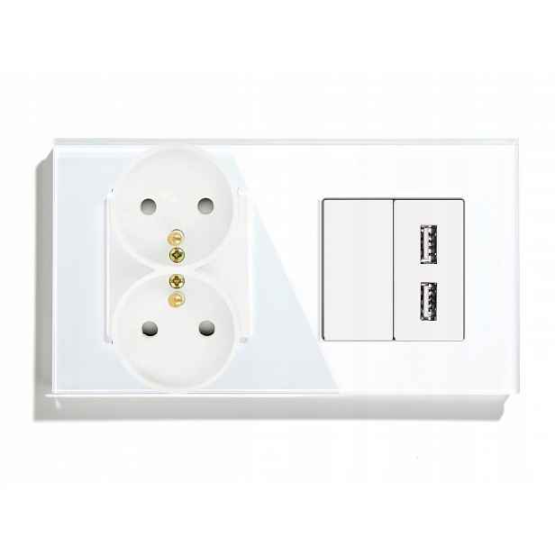 Elektrická Zásuvka Dvojitá 2x Usb 2.4A Zásuvka 230V Skleněná
