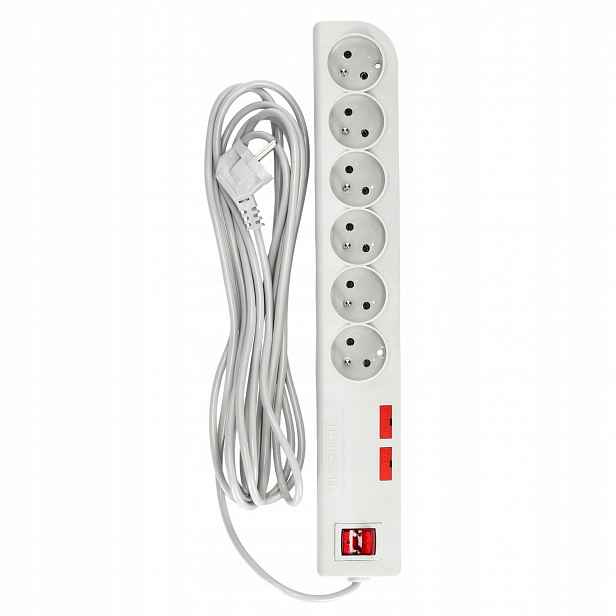 Prodlužovací Kabel 6 zásuvek Protipřepěťová Lišta Vypínač 5 m