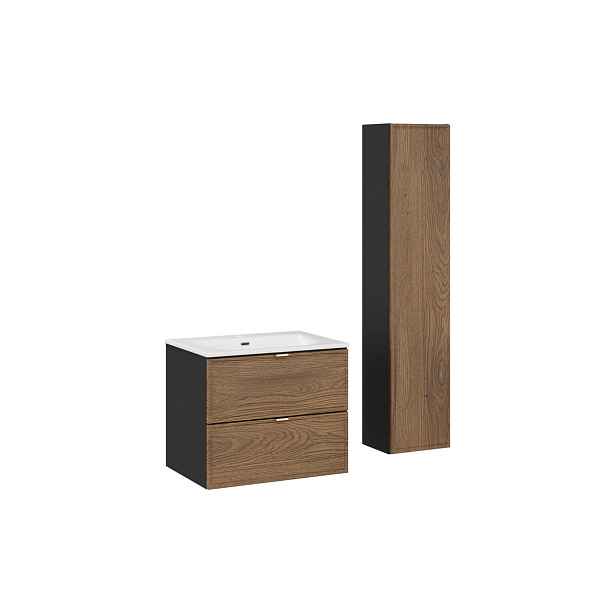 Comad Koupelnová sestava s deskou, skříňkami a zápustným umyvadlem Talia Casella 60 cm černý mat/dub casella
