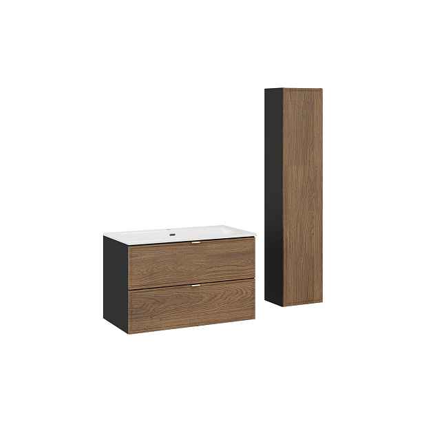 Comad Koupelnová sestava s deskou, skříňkami a zápustným umyvadlem Talia Casella 80 cm černý mat/dub casella