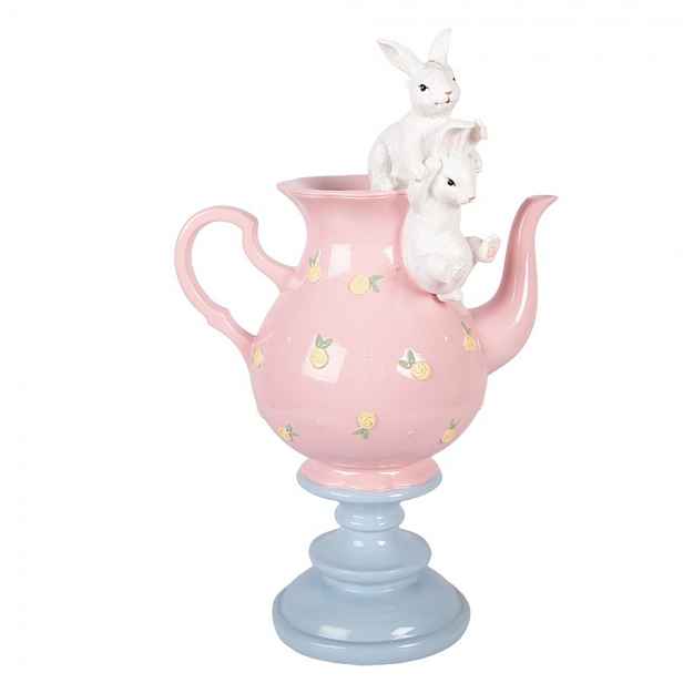 Dekorace králíčci na růžové konvičce na podstavci - 22*14*35 cm Clayre & Eef