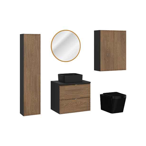Comad Koupelnová sestava s deskou, skříňkami umyvadlem, zrcadlem a toaletou Talia Casella 60 cm černý mat/dub casella