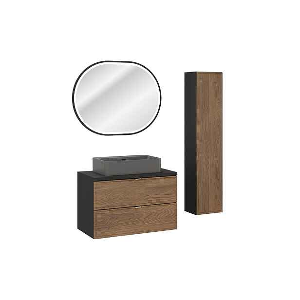Comad Koupelnová sestava s deskou, skříňkami, umyvadlem a zrcadlem Talia Casella 80 cm černý mat/dub casella