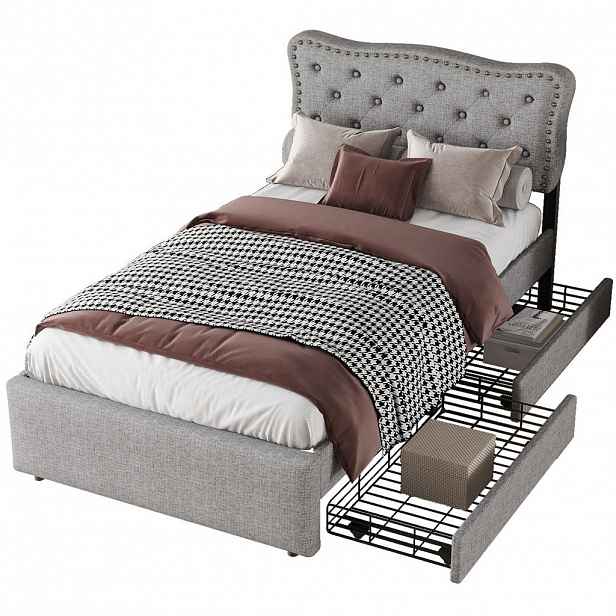 OKWISH ČALOUNĚNÁ postel 90/200 cm šedá z MDF se 2 zásuvkami a nastavitelným čelem