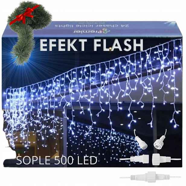 Vánoční Světelné rampouchy Bílé 500 Led 20m Řetěz Bonus Svícení Flash