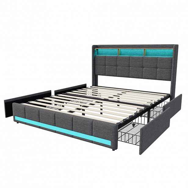 ČALOUNĚNÁ postel 160x200 cm s USB, 4 zásuvky, LED, len, šedá
