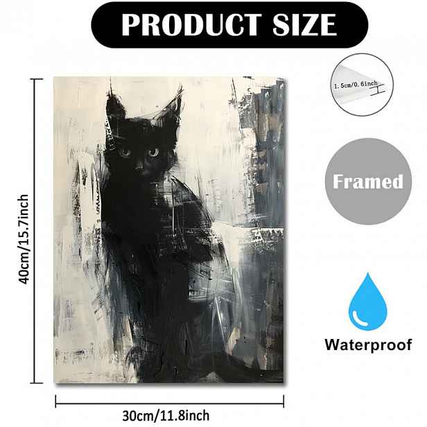 TEMU 2D plochý obraz na plátně s 2D tajemnou černou kočkou, rozměry 11.8X15.7 palců, zarámovaný dřevem s designem etérového bílého kouře, ideální pro