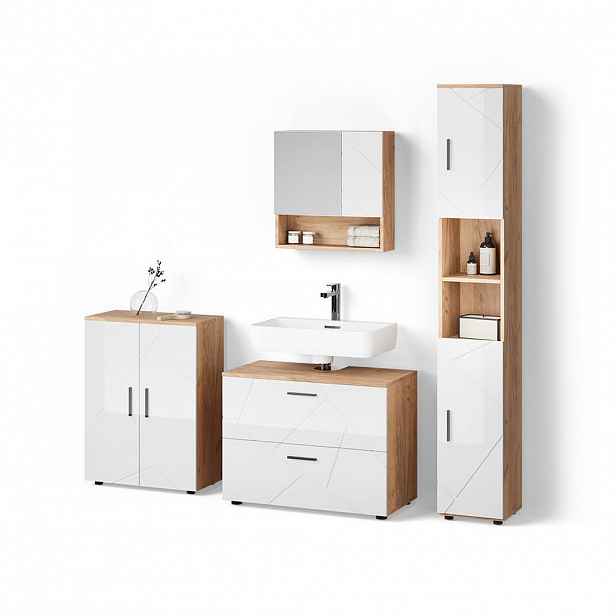 Livinity® KOUPELNOVÝ NÁBYTEK Ronco, Bílá vysoký lesk/Zlatý mocný dub, 4dílná