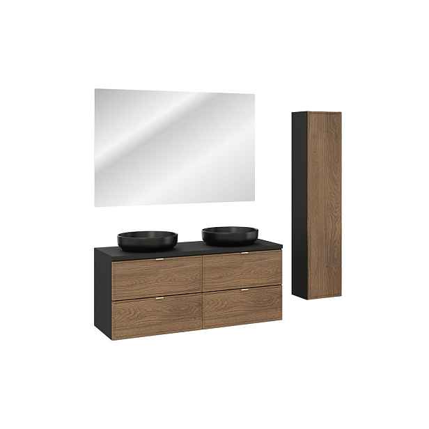 Comad Koupelnová sestava s deskou, skříňkami, umyvadly a zrcadlem Talia Casella 120 cm černý mat/dub casella