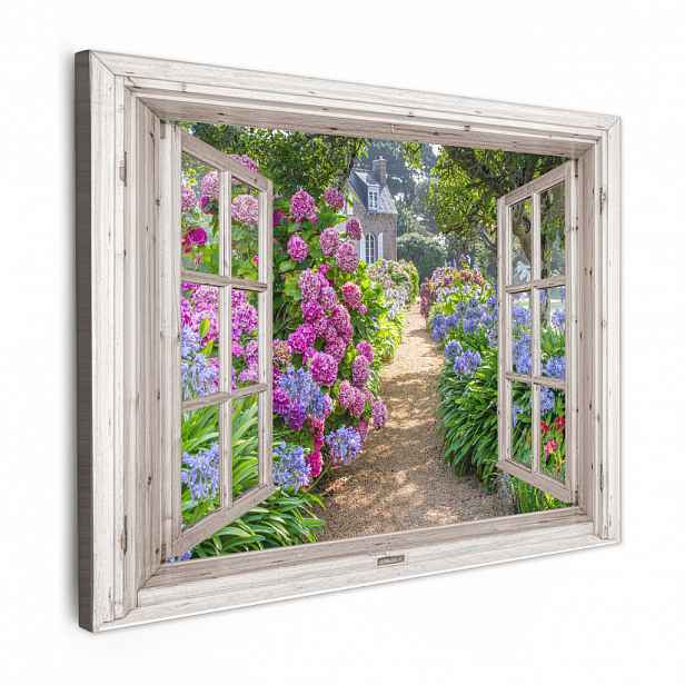MuchoWow OBRAZ NA PLÁTNĚ Hortenzie - Průhledné - Květiny - Léto - Fialová - Cesta 40x30 cm