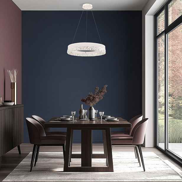 Okouzlující závěsná lampa FROZI – bílé stínidlo s krystaly – elegantní a moderní LED osvětlení obývacího pokoje