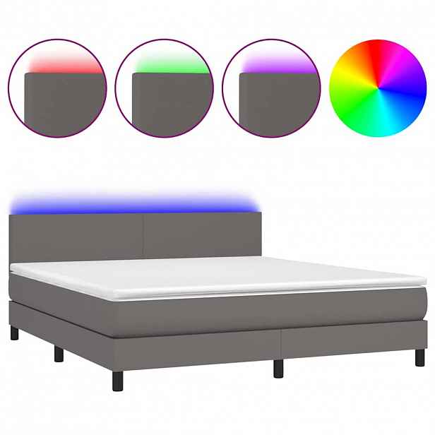 vidaXL Box spring postel s matrací a LED šedá 180x200 cm umělá kůže