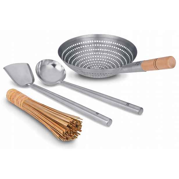Sada pomůcek pro wok 4v1 Naběračka Špachtle Cedník Kartáč Craft Wok