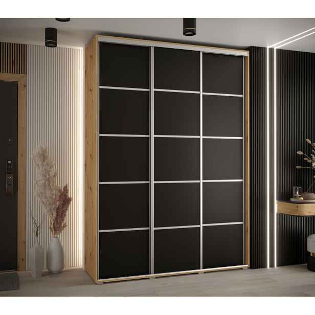 Šatní skříň YVONA 4 - 180/45 cm, dub artisan / černá / stříbrná