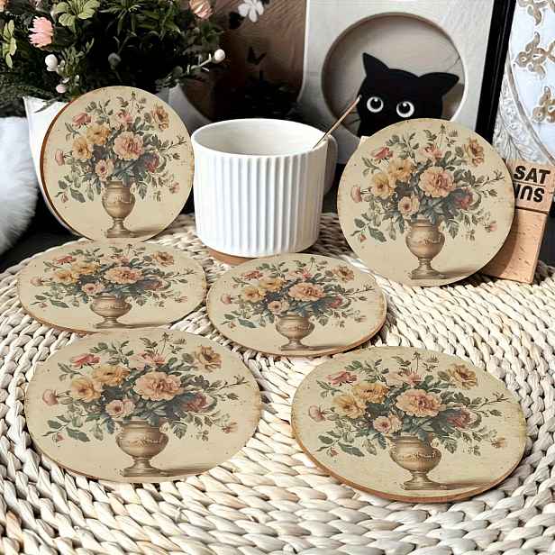 TEMU 6 ks Vintage Botanických Podtácků - Elegantní Dřevěný Živými Ilustracemi Růží a Váz, Ideální pro Kávové Stolky, Narozeniny, Přátele a Rodinu