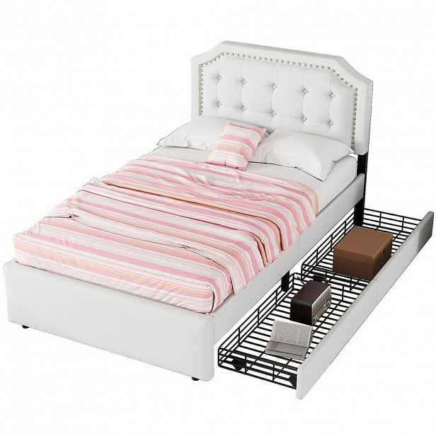 OKWISH ČALOUNĚNÁ postel 90/200 cm světle béžová z MDF a lněné tkaniny se 2 zásuvkami