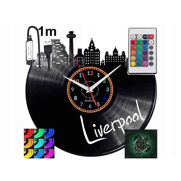 Liverpool Nástěnné hodiny podsvícené Led Rgb na dálkové ovládání Vinylová deska Nowoc
