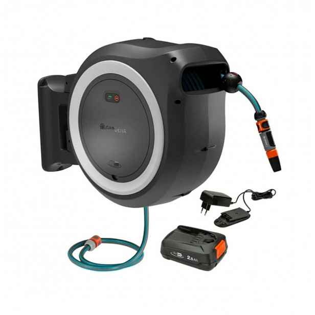 Gardena PowerRoll - 18V AKU bubnový navíječ PowerRoll XL, s hadici 35 m, 1x aku 2,5 Ah Li-Ion, nabíječka, bílá 18642-20