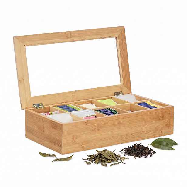 Relaxdays DÓZA Přírodní bambus na čaj 10 přihrádek 9x36,5x20 cm