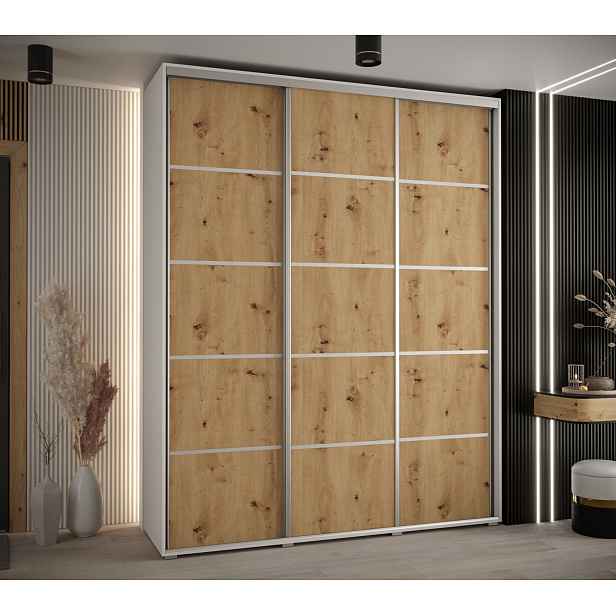 Šatní skříň YVONA 4 - 190/45 cm, bílá / dub artisan / stříbrná