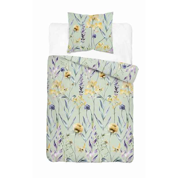 Povlečení Home Satin 140x200 mátová louka se žlutými fialovými květy