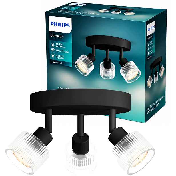 Stropní Svítidlo 3x GU10 Led Ryflovaná skleněná Černá Stropní Svítidlo Horen Philips
