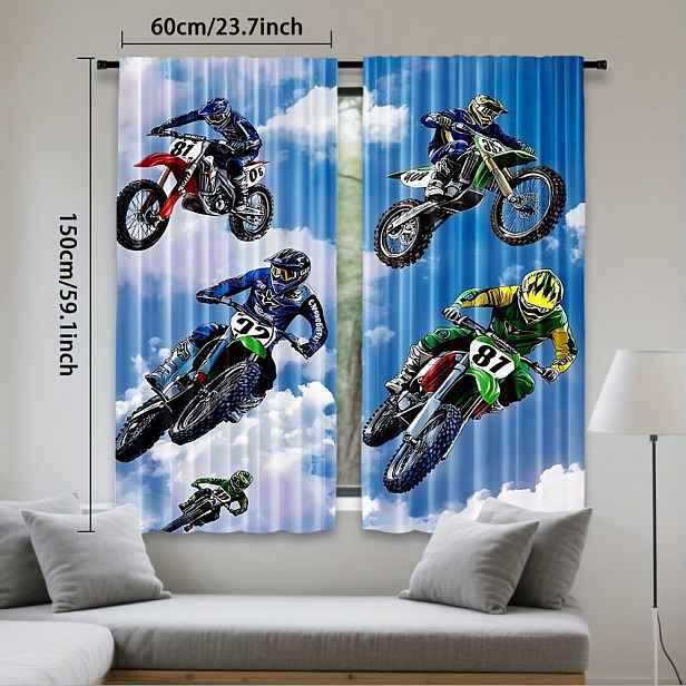TEMU 2 ks Závěsy s Motocyklovým Představením - Prachové Okenní Drapérie se Scénami Jezdců, Poloprůhledné Filtrující Světlo pro Soukromí do Ložnice,