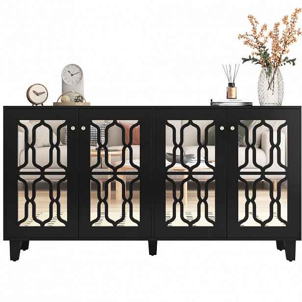 OKWISH KOMODA 160/40/84 cm černá z MDF se zrcadlovým povrchem a křišťálovými úchytkami