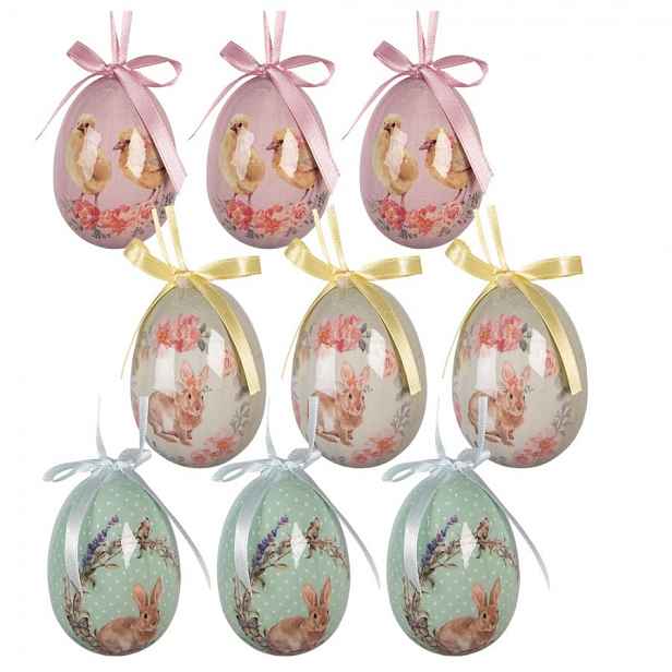 9ks dekorace barevné závěsné vajíčko s králíčky a kuřátky Spring Egg - Ø 5*8 cm Clayre & Eef