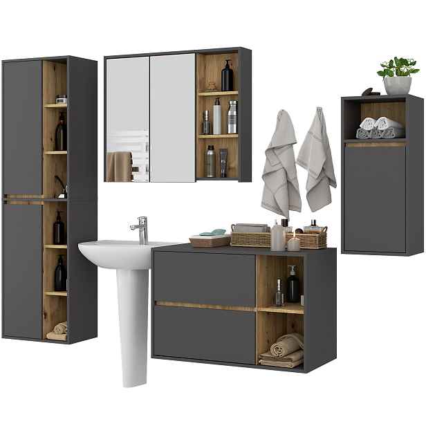 Ak furniture Koupelnová sestava VAMI grafitově šedý/dub artisan
