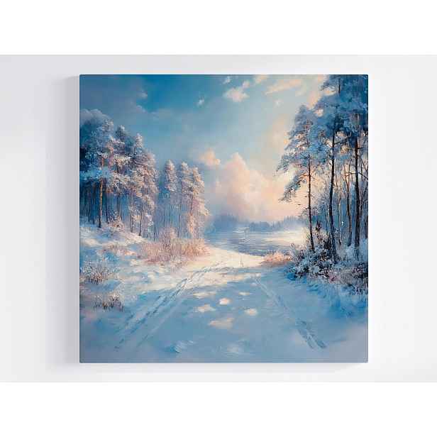 Obraz Na Plátně Canvas Krajina Les Jezero Cesta Zima Sníh Mráz 50x50