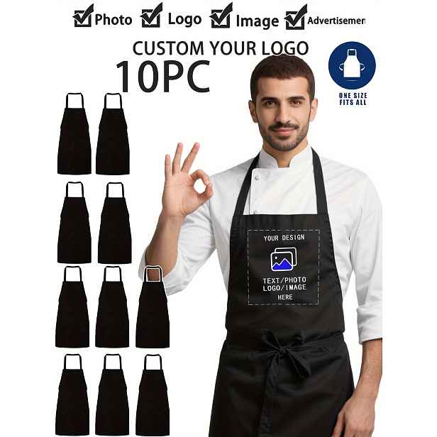 TEMU 10 ks [Zástěra s vlastním ] Zástěra pro personál v supermarketu, možnost tisku , polyesterový materiál, zástěra se zavazováním v pase a kapsou