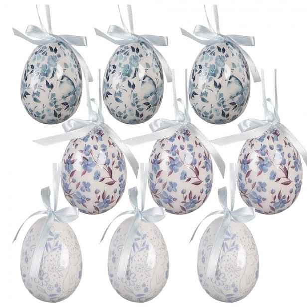 9ks dekorace bílo-modré závěsné vajíčko s květy Spring Egg - Ø 5*8 cm Clayre & Eef