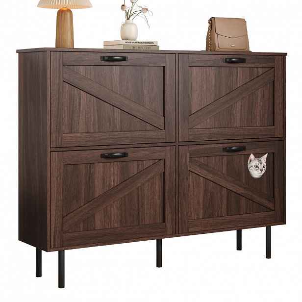 OKWISH BOTNÍK 120/28/92 cm v odstínu Natural Walnut z dřevotřísky s výklopnými policemi a hračkou pro kočky