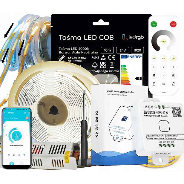 Set Led Páska 10 m (2x5) Bílá 4000K Napájecí Zdroj Plovoucí Zónová Apka 24V