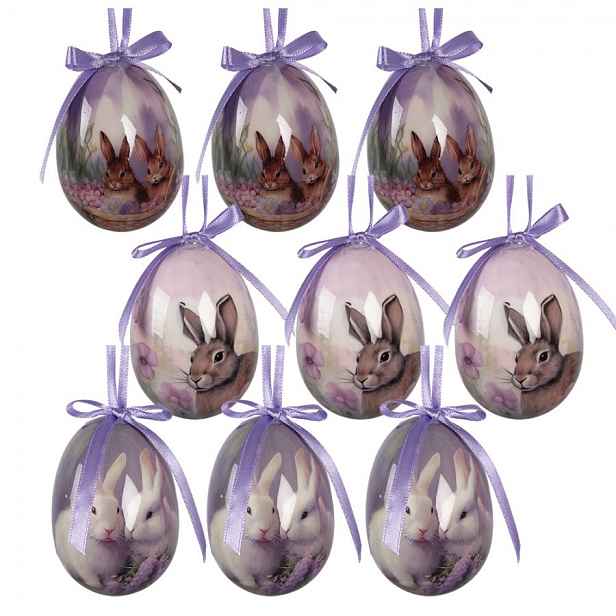 9ks dekorace fialové závěsné vajíčko s králíčky Spring Egg - Ø 5*8 cm Clayre & Eef