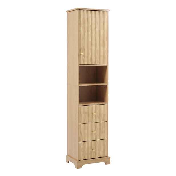 Modfu VYSOKÁ koupelnová skříň z MDF 40x30x172 cm přírodní se 3 zásuvkami, skříňkou, otevřenými policemi a nastavitelnou policí
