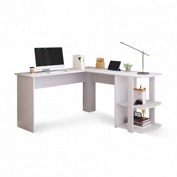 OKWISH ROHOVÝ stůl 140/140/75 cm bílý z MDF s policí a průchodkami na kabely