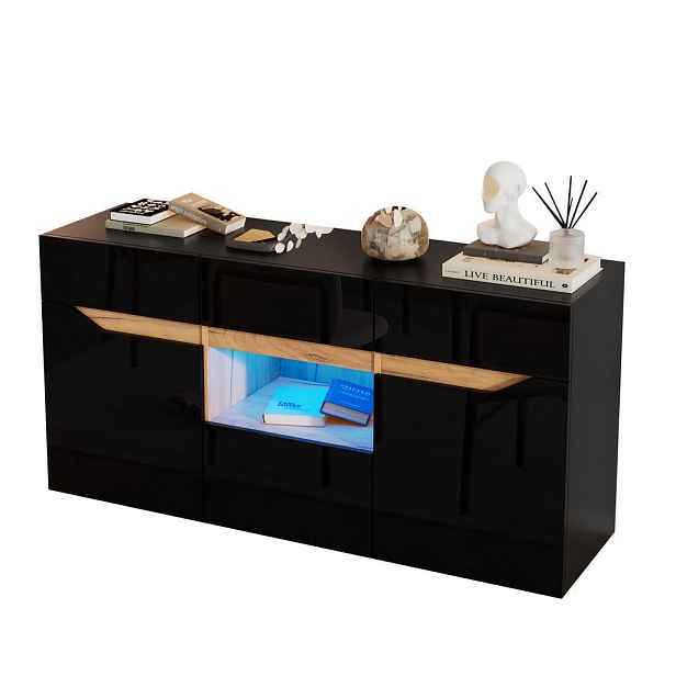 Modfu KOMODA z dřevotřísky 140x40x70 cm černá v dekoru dřeva se 4 zásuvkami, 2 skříňkami a LED osvětlením