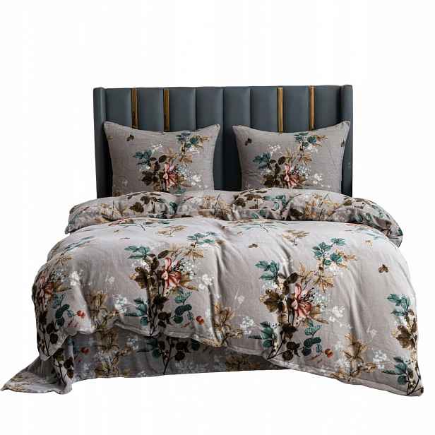 Sada povlečení fleece teplá velurová medvídek 200x220 šedá s květy glamour