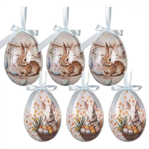 6ks dekorace bílé a béžové závěsné vajíčko s králíčky Spring Egg - Ø 7*10 cm Clayre & Eef