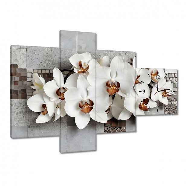 Hodiny 100x70 Bílé orchideje a mozaika