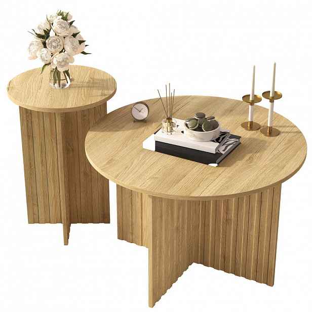 Modfu SADA konferenčních stolků z MDF a dřevotřísky 76x76x50 cm přírodní kulatá, zasouvací a prostorově úsporná