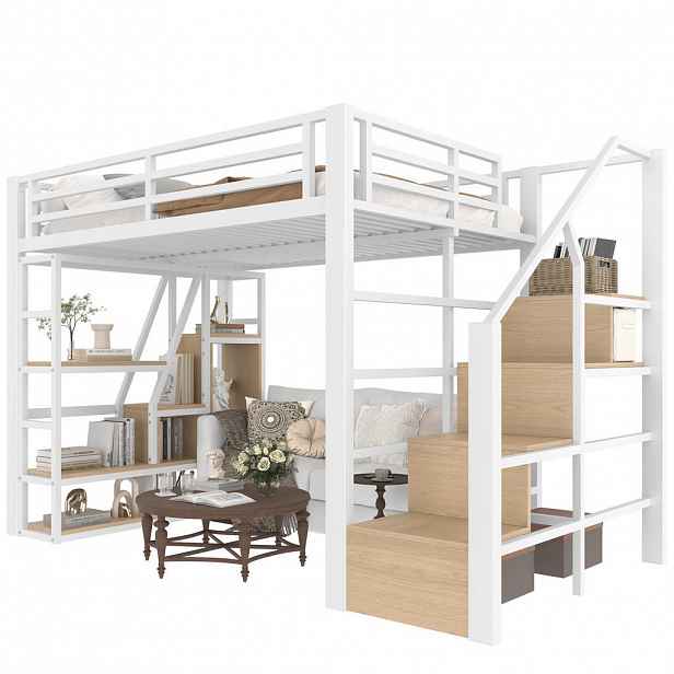STILVORA HOCHBETT 140/200 cm in Weiß mit Regal, Stauraumstufen und LED