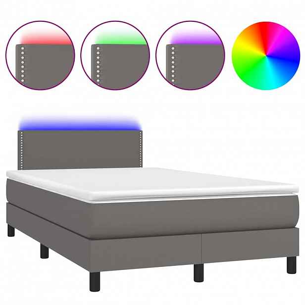 vidaXL Box spring postel s matrací a LED šedá 120x200 cm umělá kůže