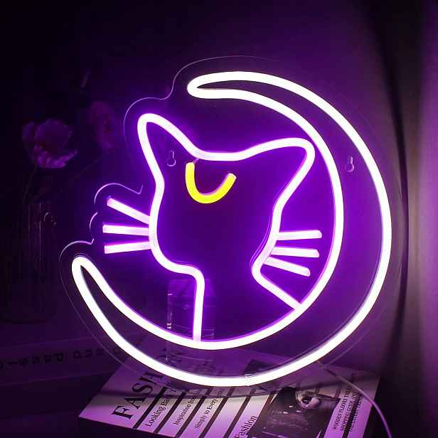 Neonová Led Kočka na Měsíci 32 cm Usb Nástěnná lampa do pokoje Led dekorace