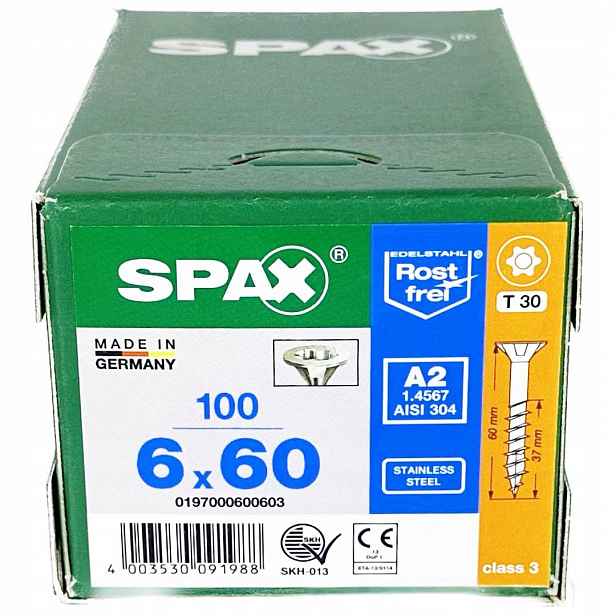 Nerezové vruty 6x60 mm, vruty do dřeva 100 ks, Ocel A2 Spax