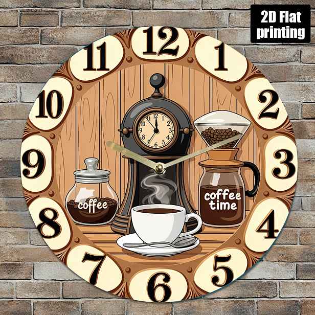 TEMU 8palcový kulatý akrylový tichý nástěnný hodiny - Kávová tematika s kávovarem, šálkem a nápisem "Čas na kávu", vintage design do kuchyně, obýváku