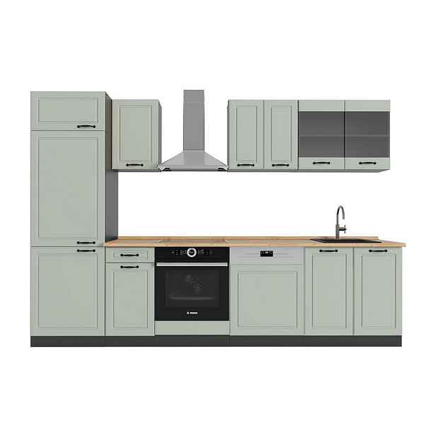 Vicco KUCHYŇSKÝ KOUT R-Line, Mint venkovský dům/Antracit, 300 cm pracovná doska Dub Goldkraft