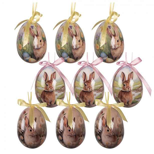6ks dekorace barevné závěsné vajíčko s králíčky Spring Egg - Ø 5*8 cm Clayre & Eef